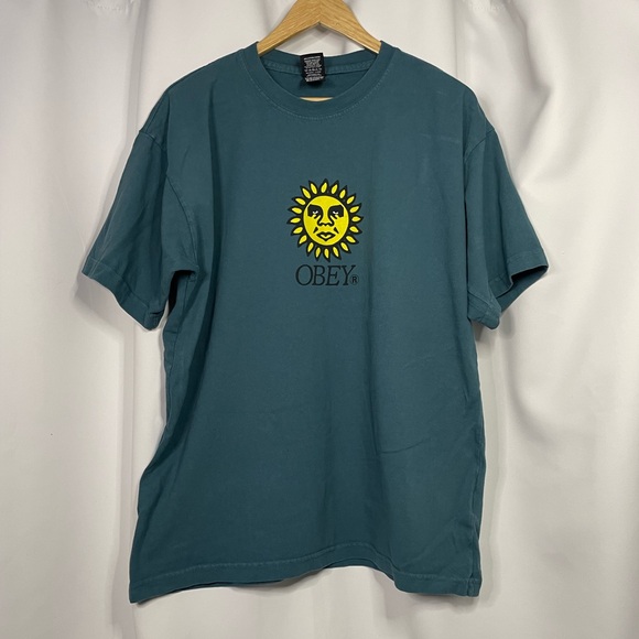 OBEY blue graphic tee w/ yellow sun sz L - Picture 3 of 12